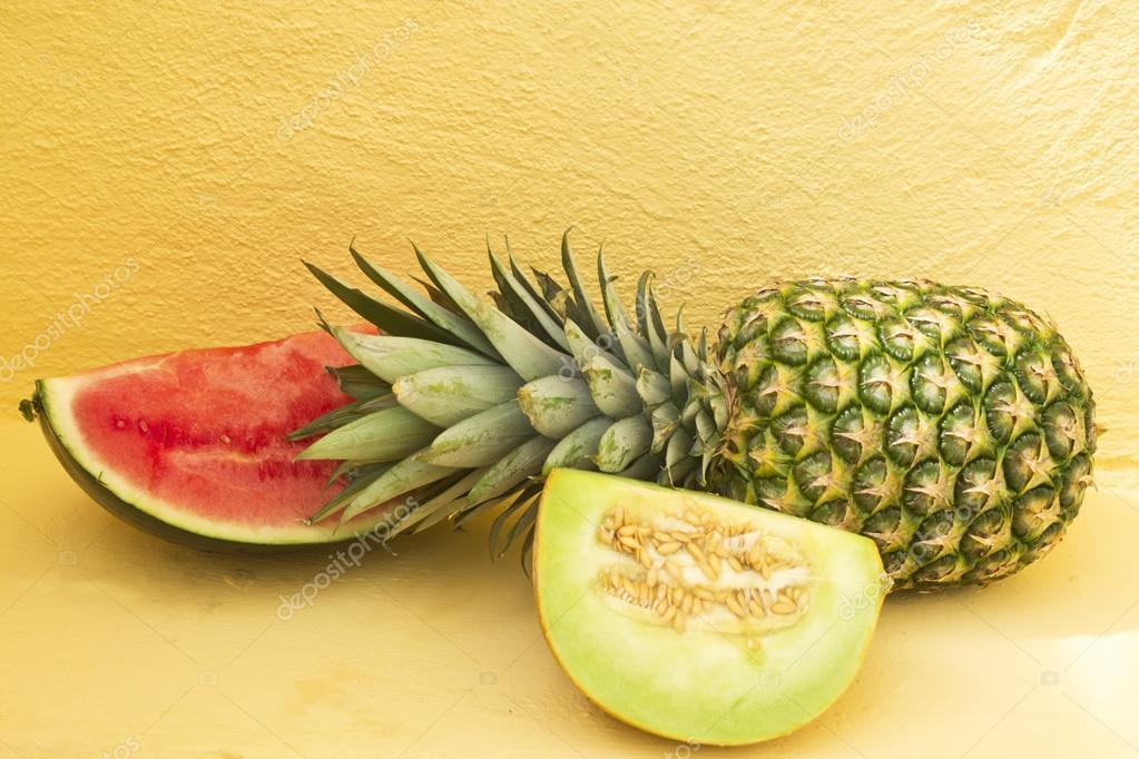 Summer fruit pineapple, melon, watermelon, Stock Photo by ©tetxu 119435480