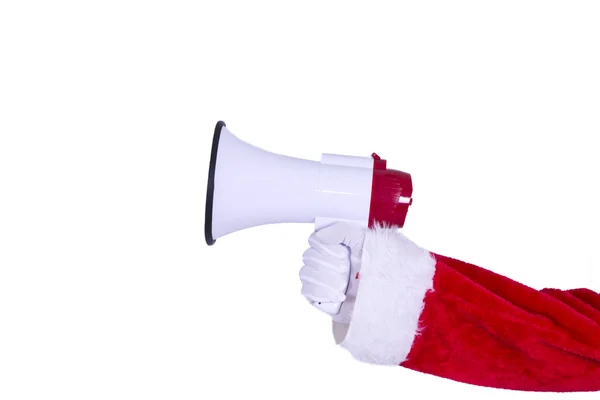 Papai Noel mão com megafone anunciando Natal — Fotografia de Stock