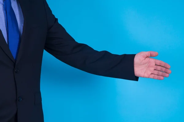 Hombre Negocios Con Brazo Extendiéndose Modo Demostración — Foto de Stock