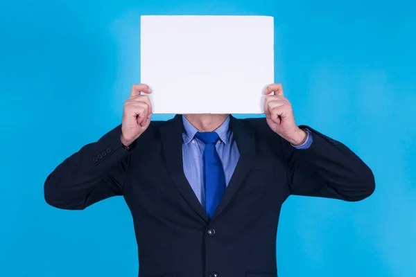 Hombre Negocios Sosteniendo Cartel Pancarta —  Fotos de Stock