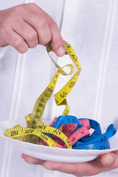 Hands Holding Plate Tape Measures Diet Slimming Concept — Stock Photo, Image