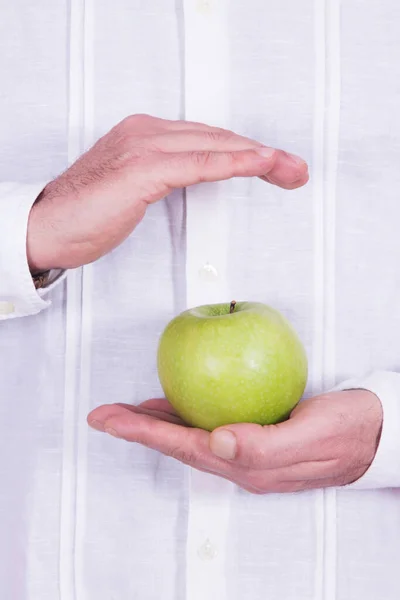 Manos Con Manzana Verde Dieta Concepto Salud — Foto de Stock