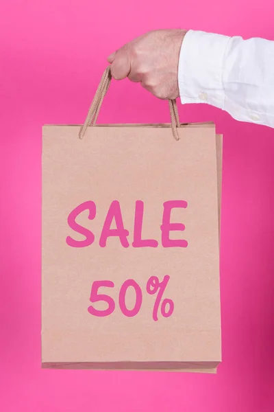 Man Bags Hand Sale Discounts Text Concept Shopping Sales — Stock Photo, Image
