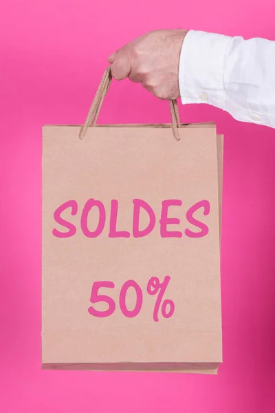 Man Bags Hand Sale Discounts Text Concept Shopping Sales — Stock Photo, Image