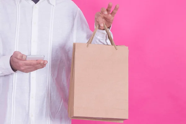 Man Holding One Hand Bags Other Mobile Phone — Stock Photo, Image