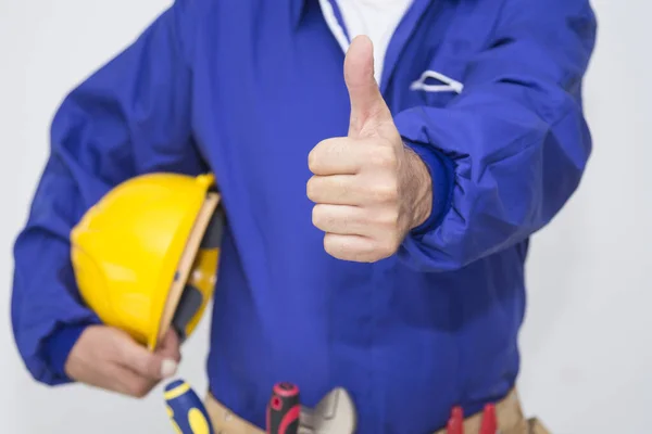 Constructor Con Casco Herramientas Haciendo Símbolo Aislado Blanco — Foto de Stock