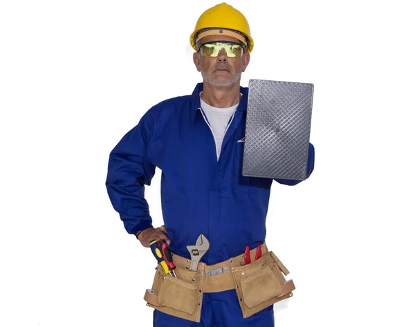 Maurer Mit Helm Werkzeuggurt Und Spachtel Baureif — Stockfoto