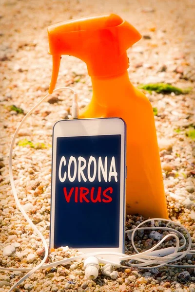 Mobile Phone Headphones Virus Text Beach — Fotografia de Stock