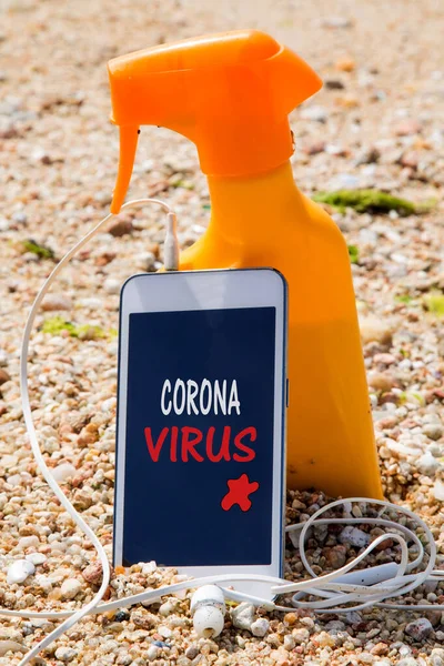 Mobile Phone Headphones Virus Text Beach — Fotografia de Stock