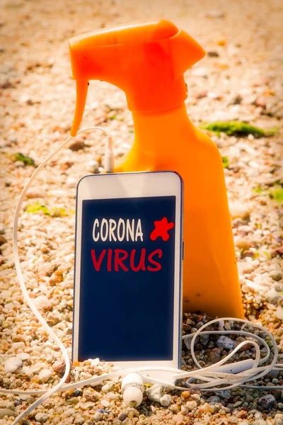 Mobile Phone Headphones Virus Text Beach — Stockfoto