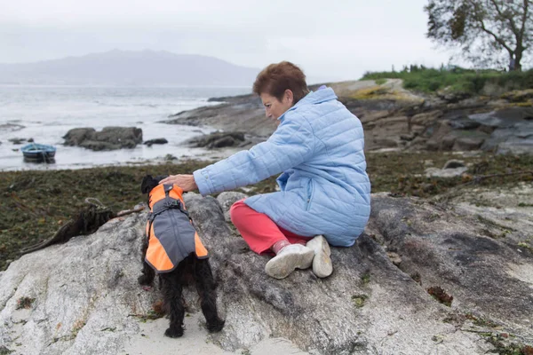 Seniorin Und Ihr Hund Mantel Blicken Aufs Meer — Stockfoto