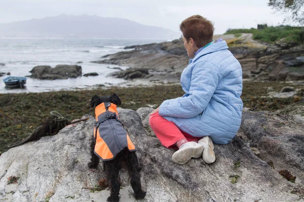 Seniorin Und Ihr Hund Mantel Blicken Aufs Meer — Stockfoto