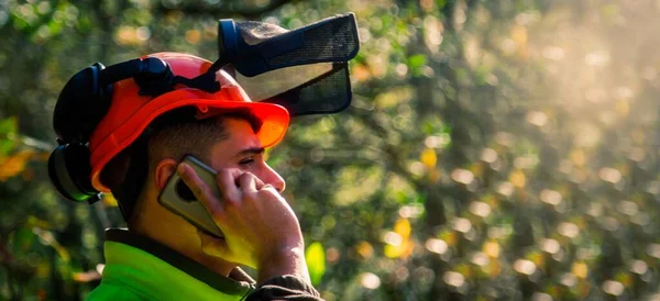 Portret Drwala Kaskiem Ochronnym Lesie Telefonie Komórkowym — Zdjęcie stockowe