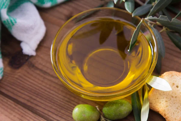 Vaso Vetro Con Olio Extravergine Oliva Olive Con Ramo — Foto Stock