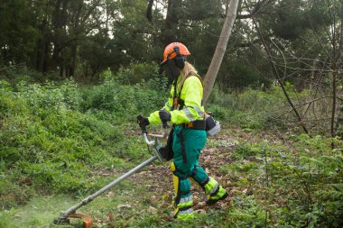 woman working in forest forest with brushcutter or chainsaw