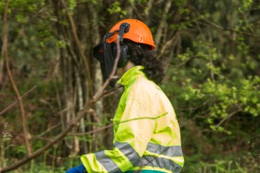 Forestry worker cutting the grass