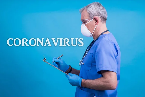doctor with mask, stethoscope and reports, coronavirus virus concept and infections