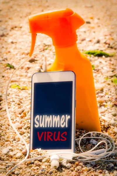 Mobile Phone Headphones Virus Text Beach — Foto de Stock