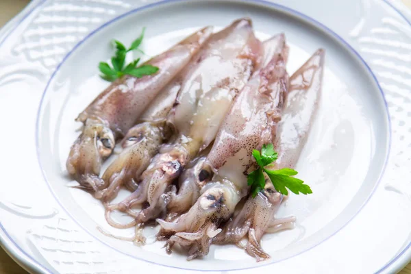 Meeresfrüchte Tintenfisch Oder Frischer Tintenfisch Mit Petersilie — Stockfoto