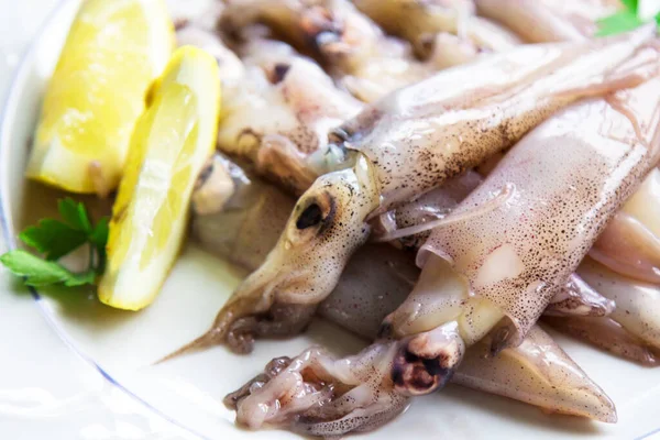 Tabakta Limonlu Maydanozlu Taze Kalamar — Stok fotoğraf