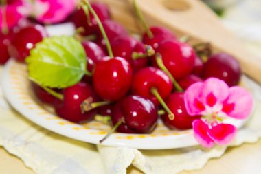 Damalı masa örtüsünde kırmızı kiraz tabağı