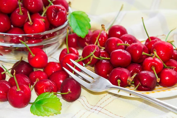 Schale Mit Roten Kirschen Auf Karierter Tischdecke — Stockfoto