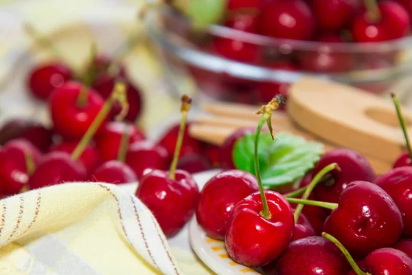 Plato Cerezas Rojas Mantel Cuadros — Foto de Stock