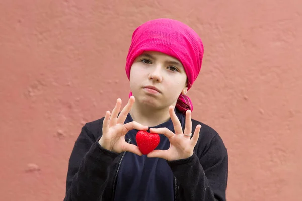 Sad Girl Cancer Head Scarf Holding Red Heart — Stock Photo, Image