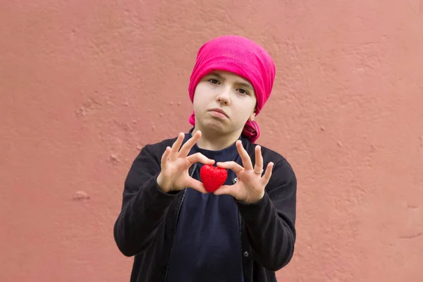 Sad Girl Cancer Head Scarf Holding Red Heart — Stock Photo, Image