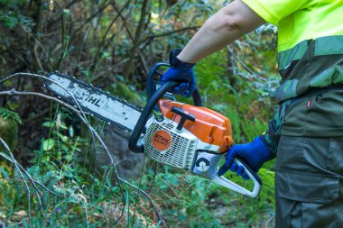 galicia, spain july 10, 2020: forest woman working in the bush with chainsaw