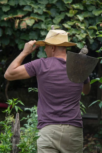 farmer on his back with shovel walking through his garden