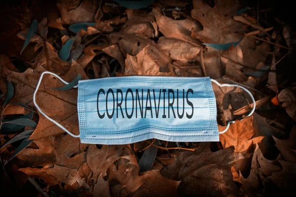 Engångsmask Marken Torra Blad Begreppet Tidig Höst Coronavirus 2019 Höstlandskap — Stockfoto