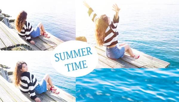 Літній Колаж Дівчиною Дрібному Морі — стокове фото