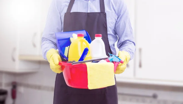 Homem Com Produtos Limpeza Desinfecção — Fotografia de Stock