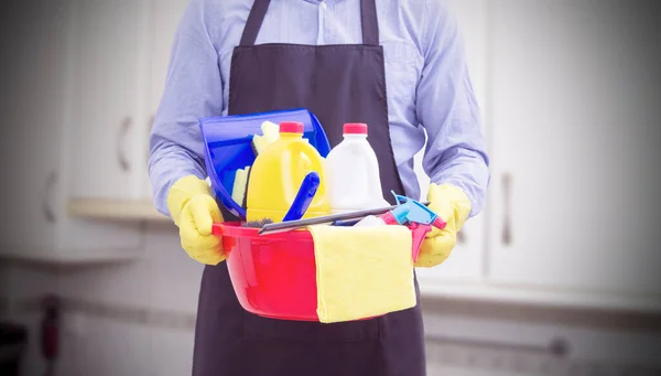 Homem Com Produtos Limpeza Desinfecção — Fotografia de Stock