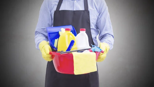 Homem Com Produtos Limpeza Desinfecção — Fotografia de Stock