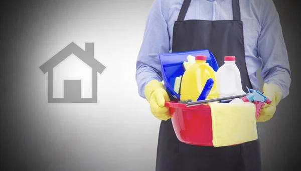 Homem Com Produtos Limpeza Desinfecção — Fotografia de Stock