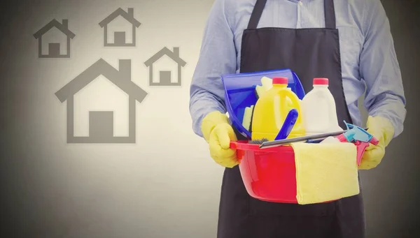 Homem Com Produtos Limpeza Desinfecção — Fotografia de Stock