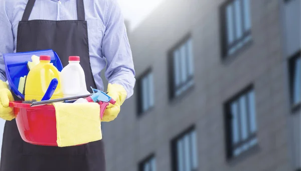 Homme Avec Produits Nettoyage Désinfection — Photo