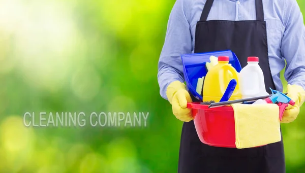 Homem Com Produtos Limpeza Desinfecção Conceito Empresa Limpeza — Fotografia de Stock