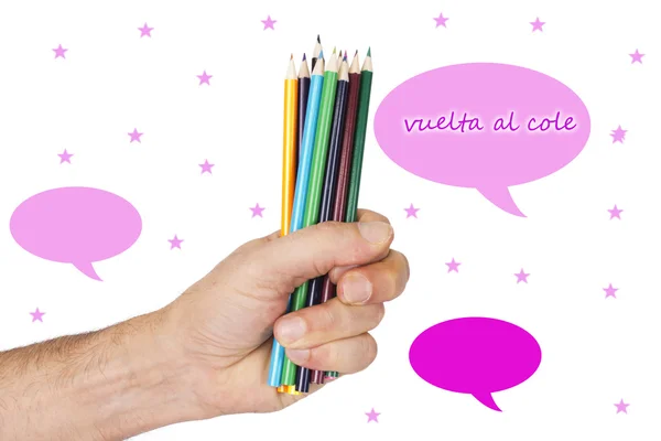 Hand holding crayons posts — Stock Photo, Image