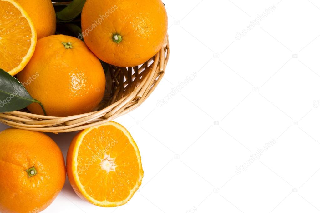 Basket of oranges on wooden board