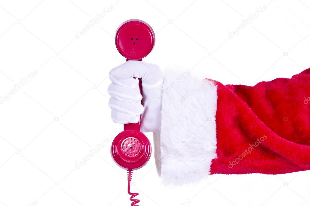 Santa Claus with red phone isolated