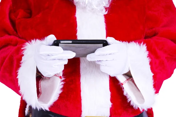 Jultomte med svart mobiltelefon — Stockfoto