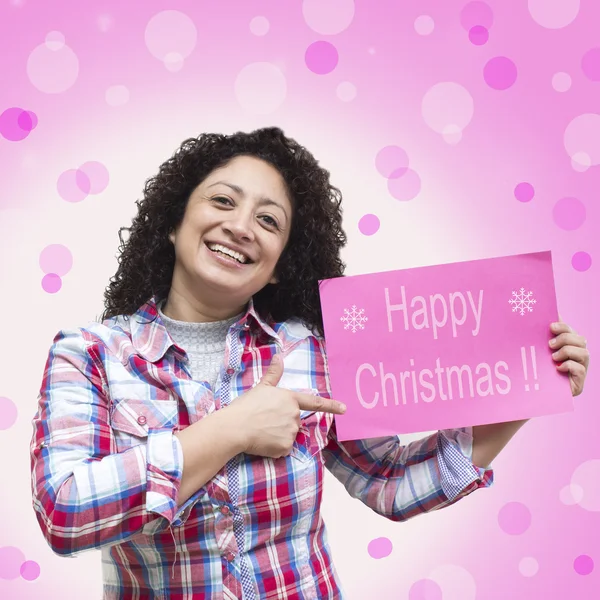 Latina Frau und Weihnachtskarte isoliert — Stockfoto