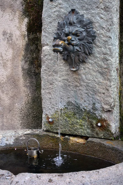 Ancienne Fontaine Boire Pierre Eau Douce Montagne Avec Lion Poisson — Photo