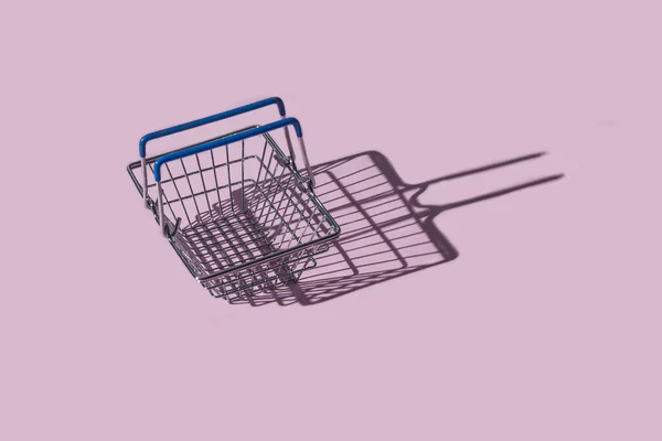 Empty Metal Shopping Basket Pastel Pink Background Copy Space Top — Stock Photo, Image