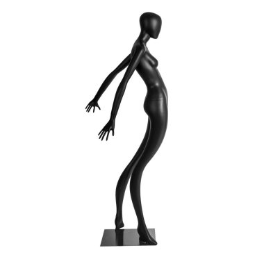 Beyaz arka planda izole edilmiş tasarımcılar için kollarını arkaya uzatmış modern plastik kadın mankeni. Yan görüş. Uzun siyah soyut manken, uzun uzuvları var. Zıpla, sat.