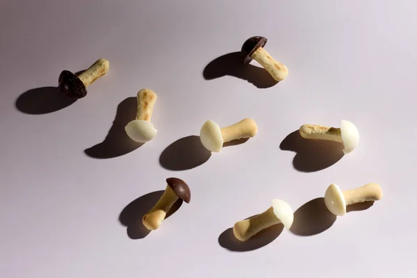 Siyah beyaz çikolatalı mantar kurabiyeleri, sert gölgeli. Yemek arkaplanı. Yaratıcı minimalist gıda tasarımı