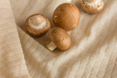 Çiğ mantar şampiyonları açık bej kumaş üzerinde taze şampiyonlar pişiriyor..